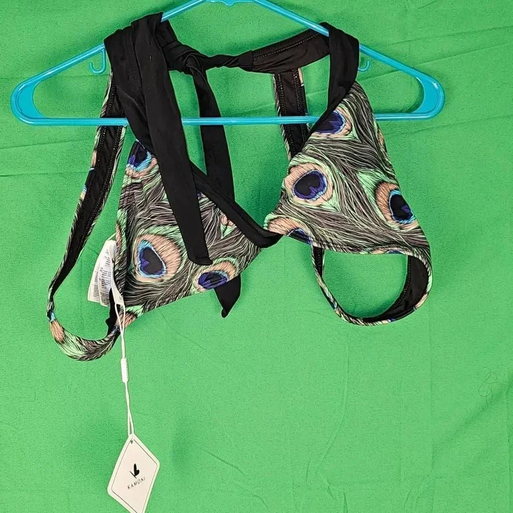 NWT Kamoni Womens Peacock Feather Print V Neck‎ Cheeky Bikini Medium Large